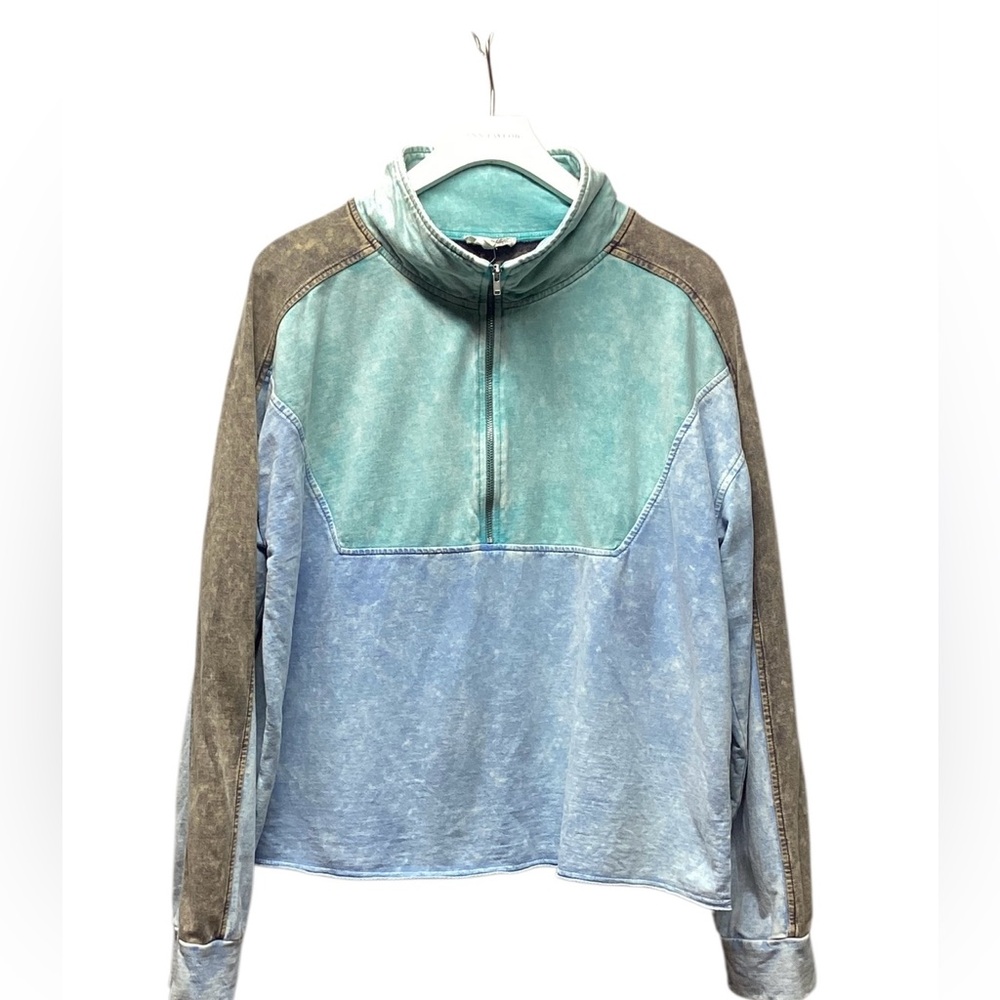 Mystree Color Block Terry Pullover Teal Mineral Wash Size Large